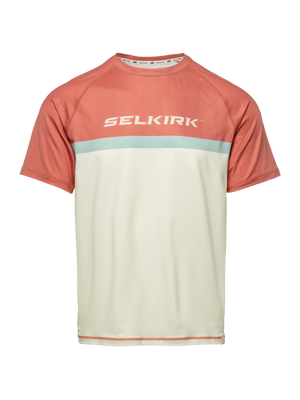 Front view of Essentials 2.0 Men’s Sport-Wik Short Sleeve Tee showcasing rust sleeves, cream body, and pale blue stripe