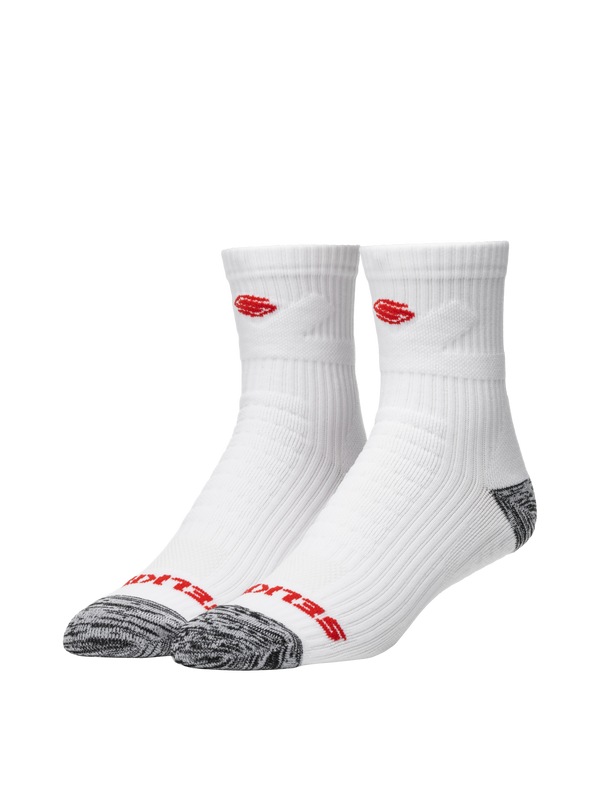 Selkirk Courtlock Pickleball Socks in black and white, with red Selkirk pickleball logo.