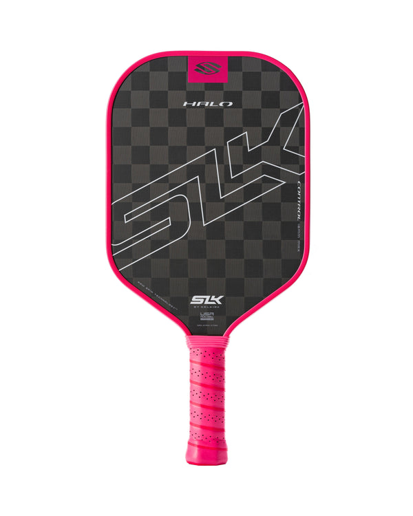 Pink SLK HALO Control pickleball paddle with a textured surface and pink accents.