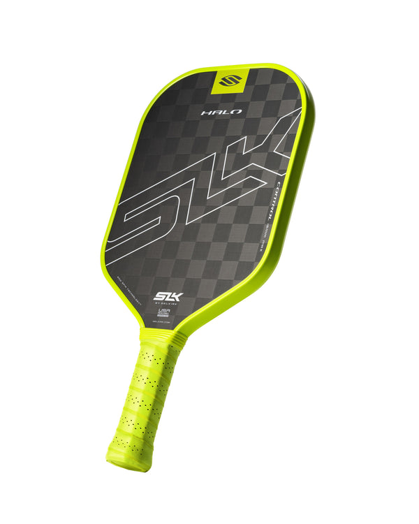SLK HALO Control pickleball paddle with a checkerboard pattern and gray grip