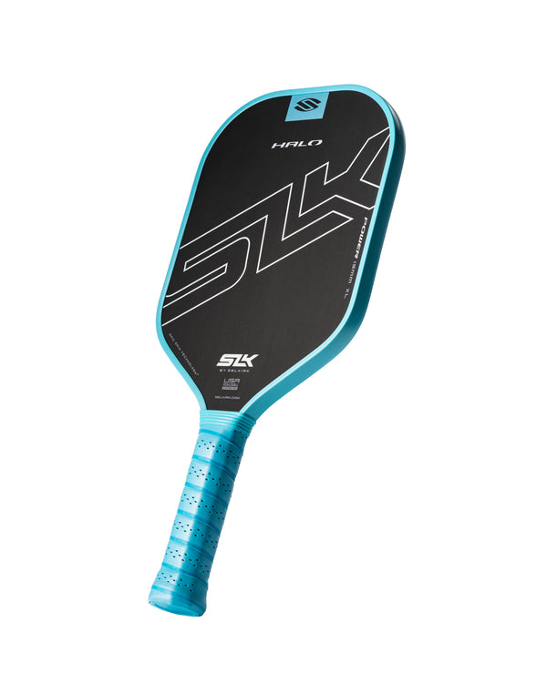 SLK HALO Power pickleball paddle in blue with a textured surface and ergonomic grip.