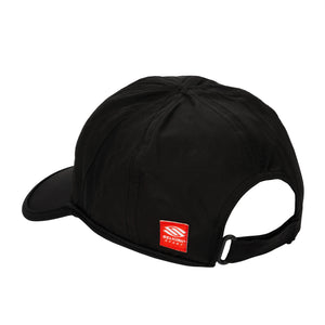 Black six-panel baseball cap with adjustable back strap and red patch reading SELKIRK SPORT.