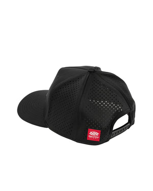 Black perforated snapback cap with adjustable plastic strap and red rectangular logo patch on the back