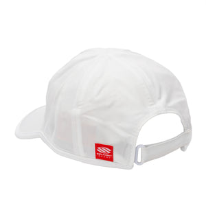 White mesh baseball cap, rear three-quarter view with adjustable strap and red tag reading 'SELKIRK SPORT'.