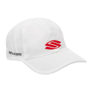 White Selkirk Performance Core Hat with red logo on front