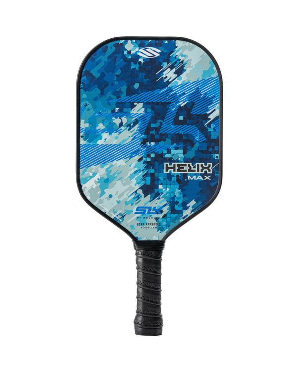 Blue digital-camo Selkirk Helix Max pickleball paddle with black wrapped handle; text: HELIX MAX, SLK, USAPA APPROVED