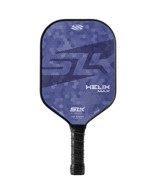 Blue pickleball paddle with black wrapped grip, HELIX MAX SLK branding