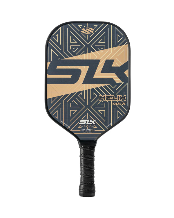 SLK HELIX MAX pickleball paddle, navy and tan geometric face; USAPA APPROVED near handle