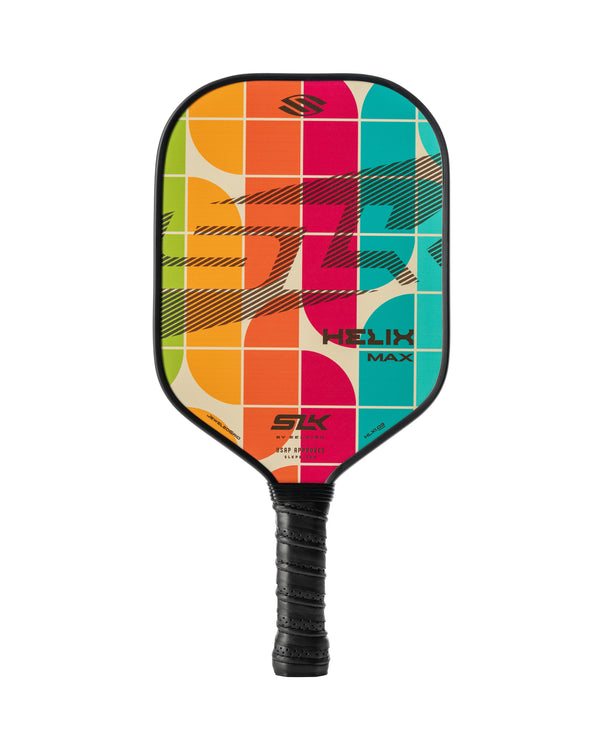 Colorful grid Helix Max pickleball paddle with 'HELIX MAX' and 'SLK' logos and black wrapped handle
