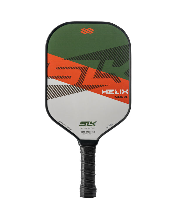 SLK Helix Max pickleball paddle — green, orange and white face, black wrapped handle. SLK BY SELKIRK. USAPA APPROVED.