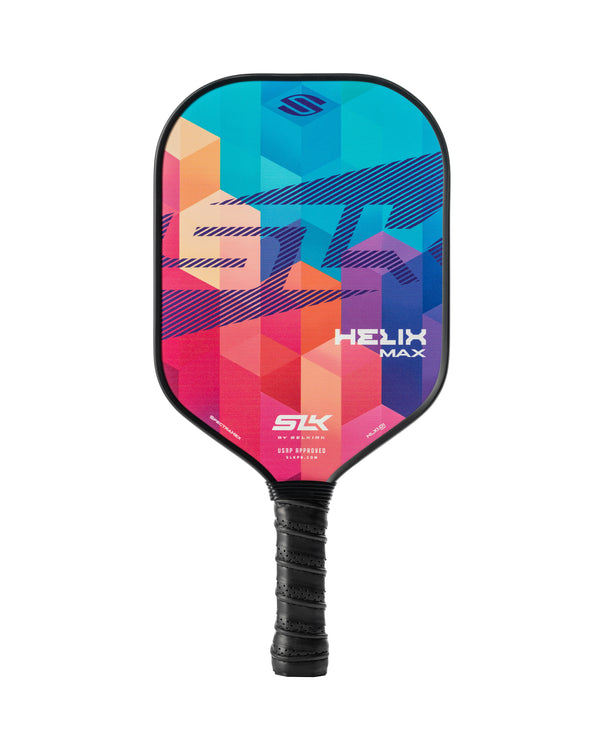 SLK HELIX MAX pickleball paddle with geometric teal, pink and purple face and wrapped black handle