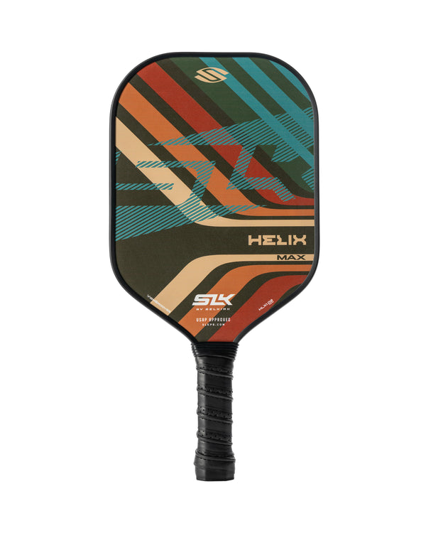 Colorful Helix Max pickleball paddle with retro stripes; visible text: HELIX, MAX, SLK, USAPA APPROVED