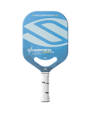 Blue Selkirk pickleball paddle, AMPED epic PRO Air MIDWEIGHT; 'The HOLDERNESS Family' on head; SELKIRK on handle