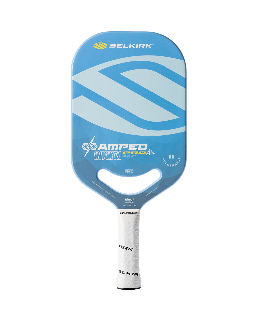 Blue Selkirk pickleball paddle labeled SELKIRK, AMPED PRO Air, INVIKTA, USA PICKLEBALL on face, white wrapped handle