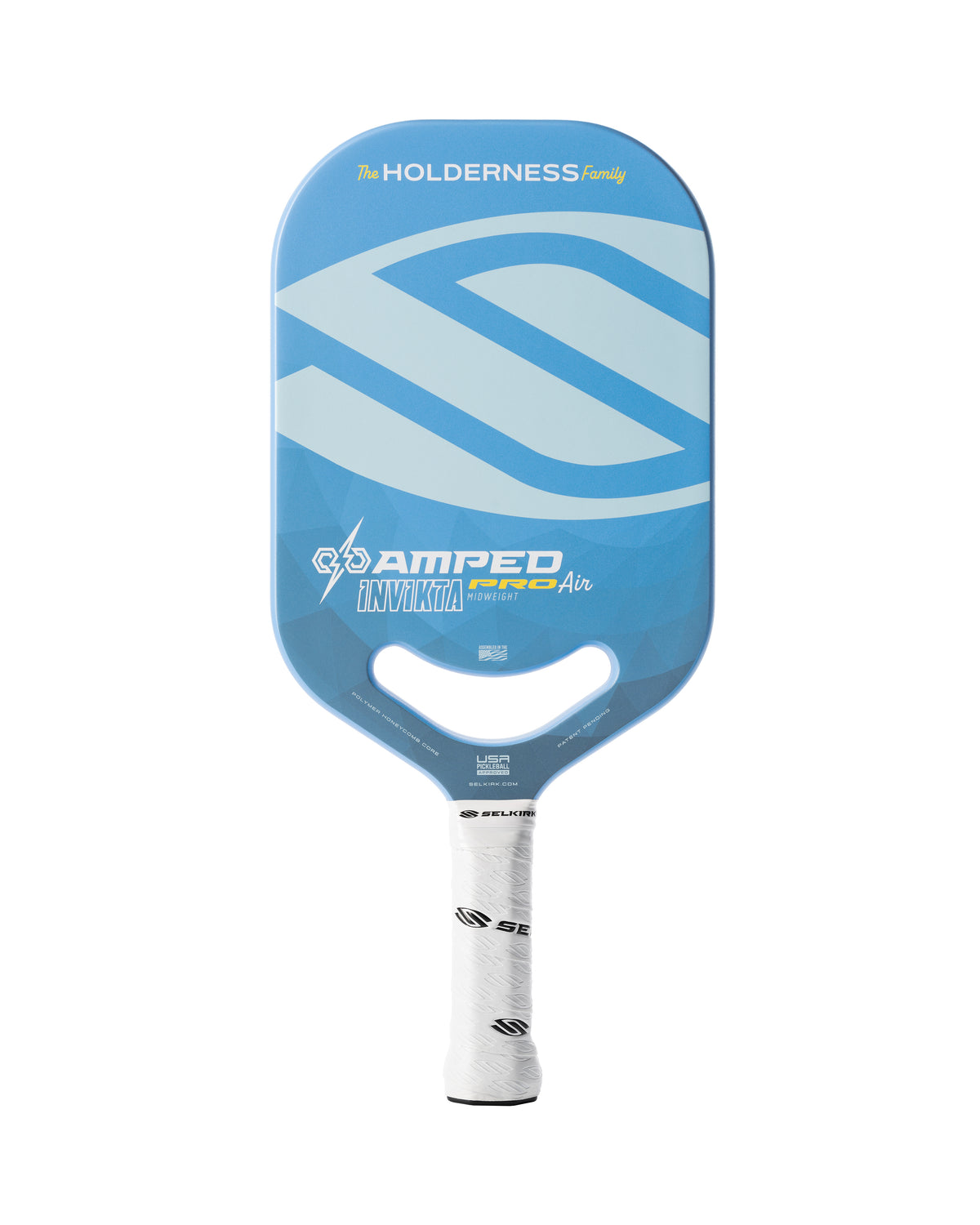 Selkirk x Holderness Family AMPED Pro Air Invikta pickleball paddle with blue design and white grip
