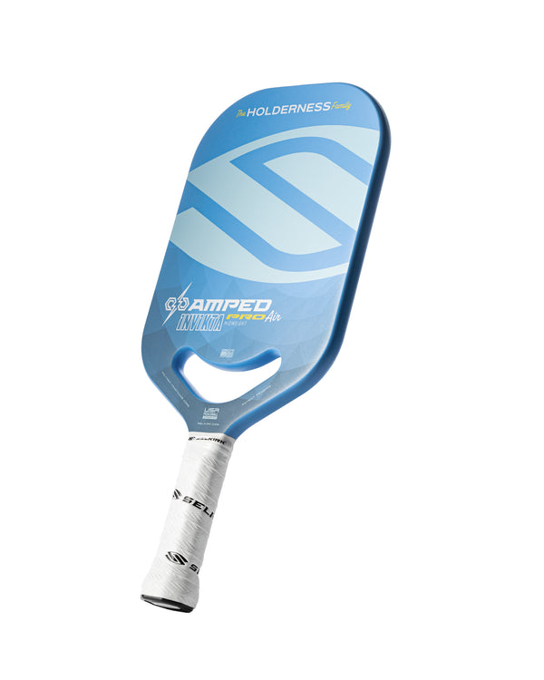 Selkirk AMPED Pro Air Invikta pickleball paddle with blue design and white grip