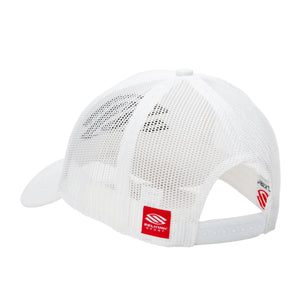 Rear three-quarter view of white Selkirk AMPED Trucker Hat with mesh back, adjustable snapback, and red Selkirk Sport logo tag