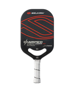 Black Selkirk paddle with red graphic - text: SELKIRK, AMPED, PRO, AIR, INVIKTA, Jack SOCK, MIDWEIGHT, USA; white grip