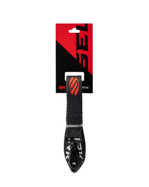 Black woven lanyard with orange stylized 'S' logo hanging from a red-and-black retail card with diagonal design.