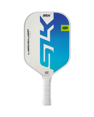 SLK Latitude MAX pickleball paddle, white and blue face with wrapped white handle; visible text: SLK Latitude MAX USA PICKLEBALL