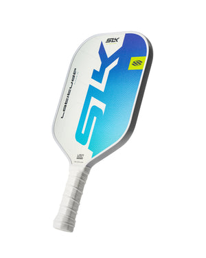 Selkirk SLK Latitude MFX pickleball paddle, blue gradient face, SLK BY SELKIRK logo; USA PICKLEBALL APPROVED; SELKIRK.COM