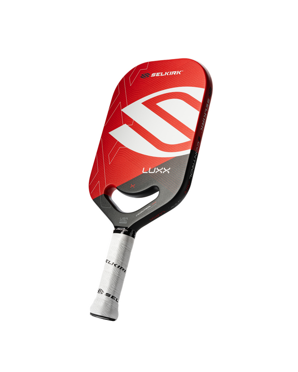 Selkirk Luxx Control Air Epic Pickleball Paddle featuring a red, gold, and blue design.