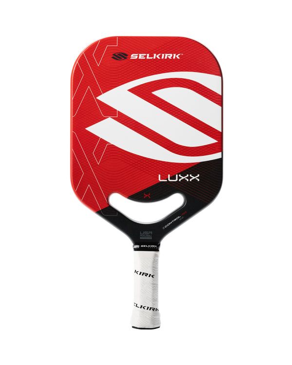 Selkirk Luxx Control Air Epic Pickleball Paddle featuring a red, gold, and blue design.