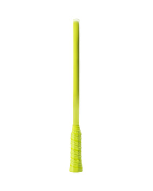 Vertical view of SLK Nexus Max pickleball paddle handle with neon citron wrapped grip and foam-covered shaft on white background