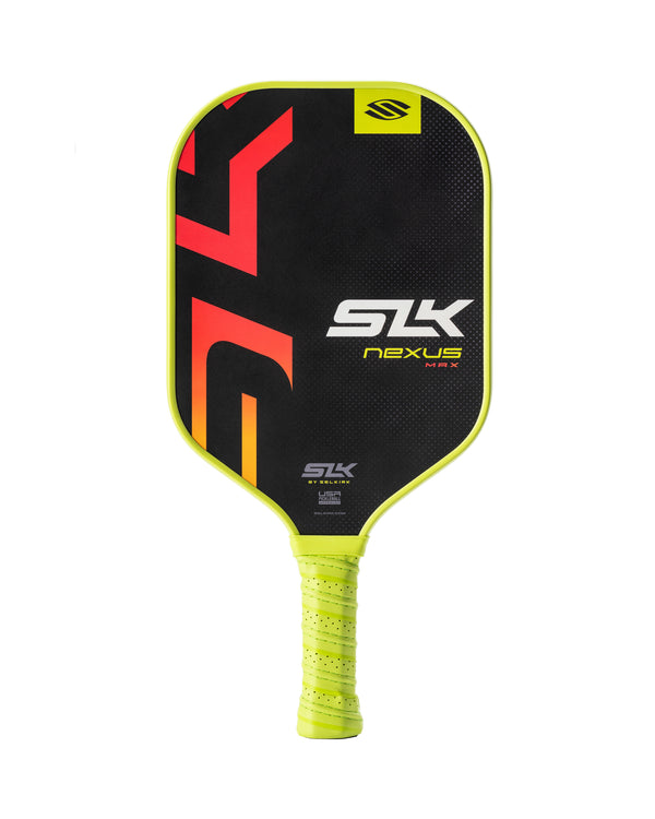 SLK Nexus Max pickleball paddle in ember color with a yellow handle