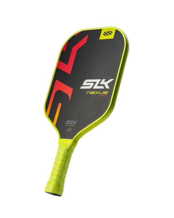 Black and neon-green pickleball paddle with wrapped neon handle; SLK logo, nexus MAX branding, yellow S emblem.