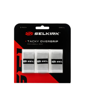 SELKIRK TACKY OVERGRIP PICKLEBALL GRIP, 3 PACK GREY — three wrapped grey overgrips on retail card with SEL on grip bands