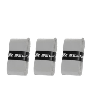 Three gray rolled overgrips with black bands labeled SELKIN