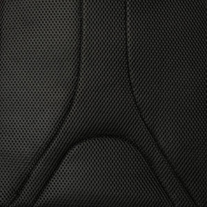 Black breathable mesh with padded lumbar-support contour and hexagonal texture on a chair back.