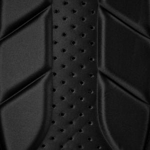 Black perforated foam padding with a central column of round ventilation holes and chevron-shaped channels.