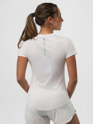 Woman wearing white athletic t-shirt with vertical BELMRK logo centered on upper back, shown from behind