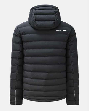Back view of black quilted puffer jacket with hood and white SELKIRK logo on upper right shoulder.