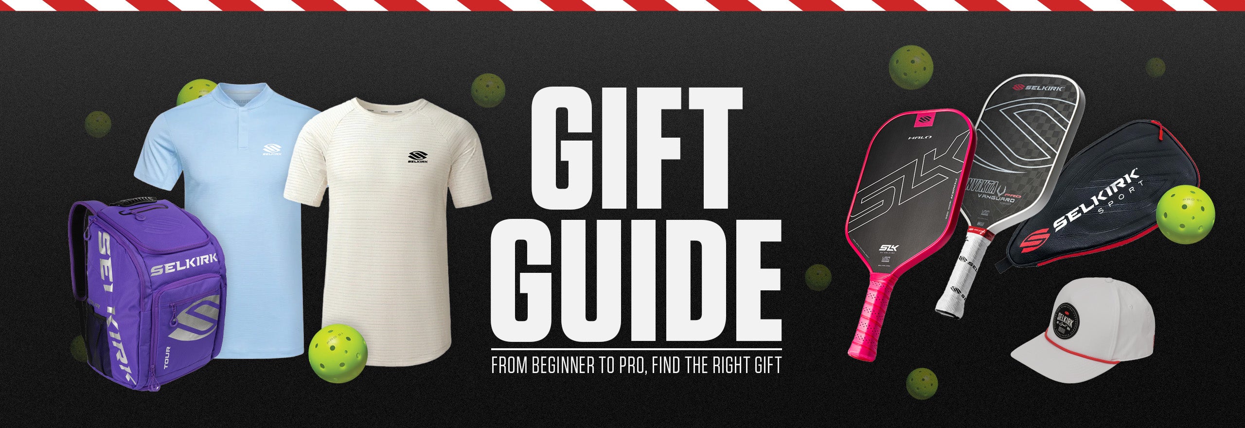 Gift Guide featuring apparel, paddles, and accessories for pickleball enthusiasts, with text 'FROM BEGINNER TO PRO, FIND THE RIGHT GIFT'