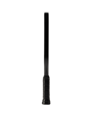 Vertical side view of a slim black sports paddle with wrapped grip