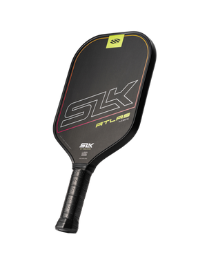 Black SLK ATLAS MAX pickleball paddle with neon trim and wrapped black grip; SLK BY SELKIRK branding