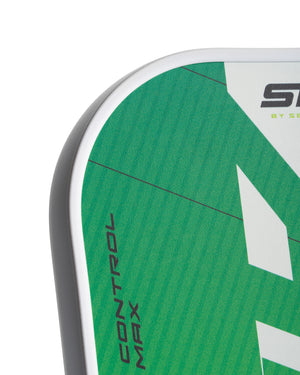 Corner of a green paddleboard with white rounded rail showing branding 'CONTROL MAX'.