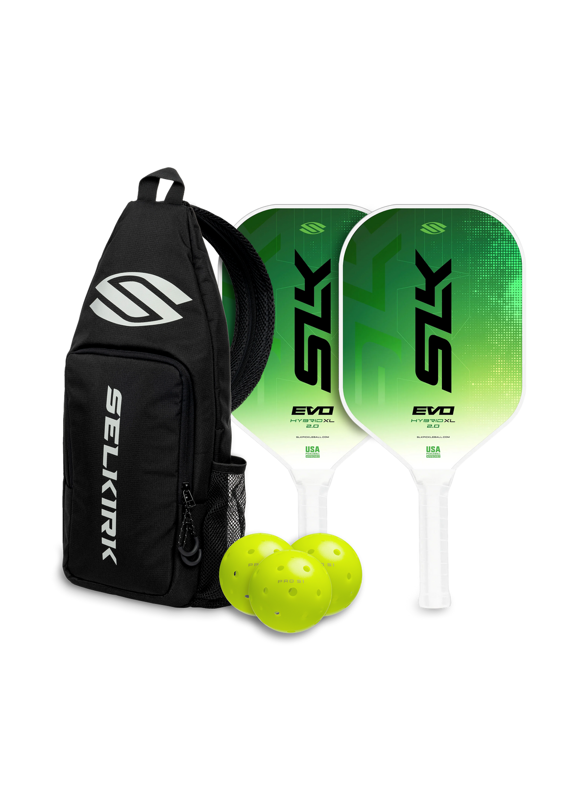 Selkirk SLK EVO hybrid pickleball paddle bundle in green.