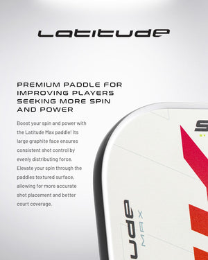Latitude Max pickleball paddle with text: 'Boost your spin and power with the Latitude Max paddle! Its large graphite face ensures consistent shot control by evenly distributing force. Elevate your spin through the paddles textured surface, allowing for more accurate shot placement and better court coverage.'