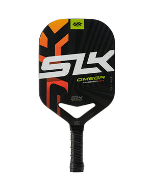 SLK pickleball paddle 'SLK' 'OMEGA' 'HYBRID AIR' 'SLK BY SELKIRK' '18MM MAX' black with orange accents
