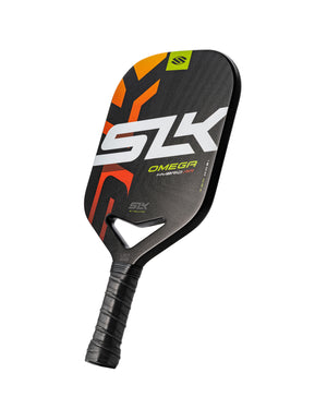 Black paddle labeled 'SLK', 'OMEGA', 'HYBRID AIR', with 'SLK BY SELKIRK' and 'USA' on the throat.