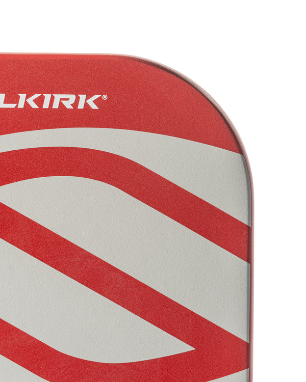 Close-up of the AMPED Pro Air pickleball paddle in red with a unique design.