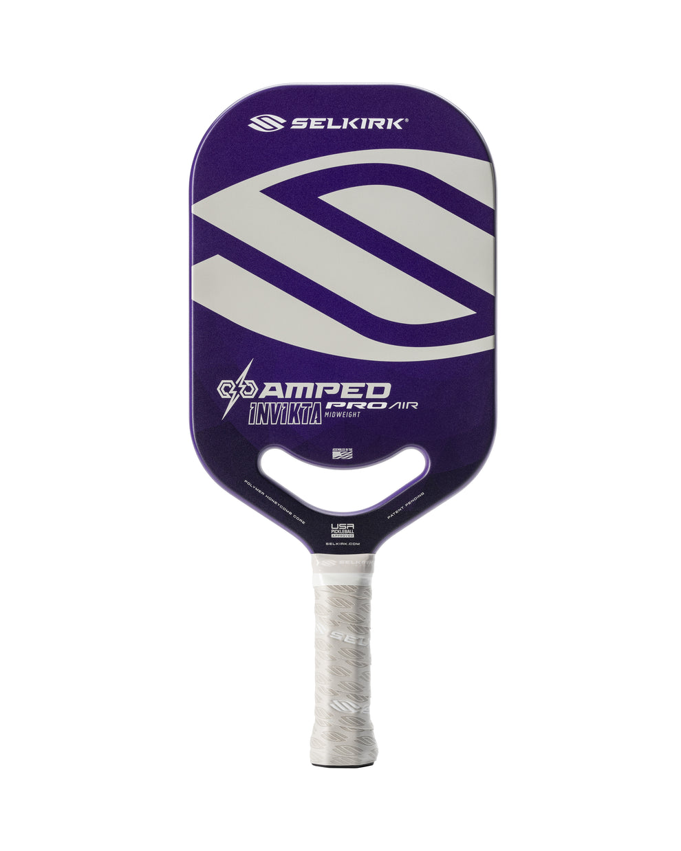 Purple SELKIRK AMPED PRO AIR INVIKTA MIDWEIGHT pickleball paddle, SELKIRK logo, USA, SELKIRK.COM