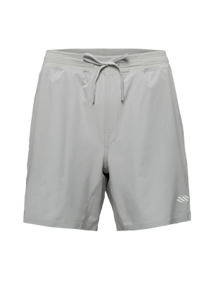 Gray Essentials 2.0 men’s 7-inch Pickleball shorts with drawstring waistband and Selkirk logo