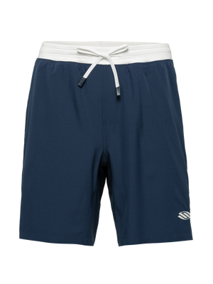 Front view of Essentials 2.0 Men’s Performance 9-inch pickleball shorts in navy with white waistband and Selkirk logo