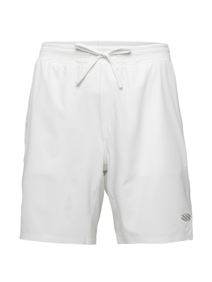 Front view of white Essentials 2.0 Men’s Performance 9-inch Pickleball Shorts showcasing drawstring waist with a transparent background