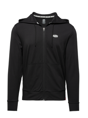 Front view of black Essentials 2.0 Men’s Dual Soft Full Zip Hoodie showcasing full zip, hood, drawstrings, and front pockets